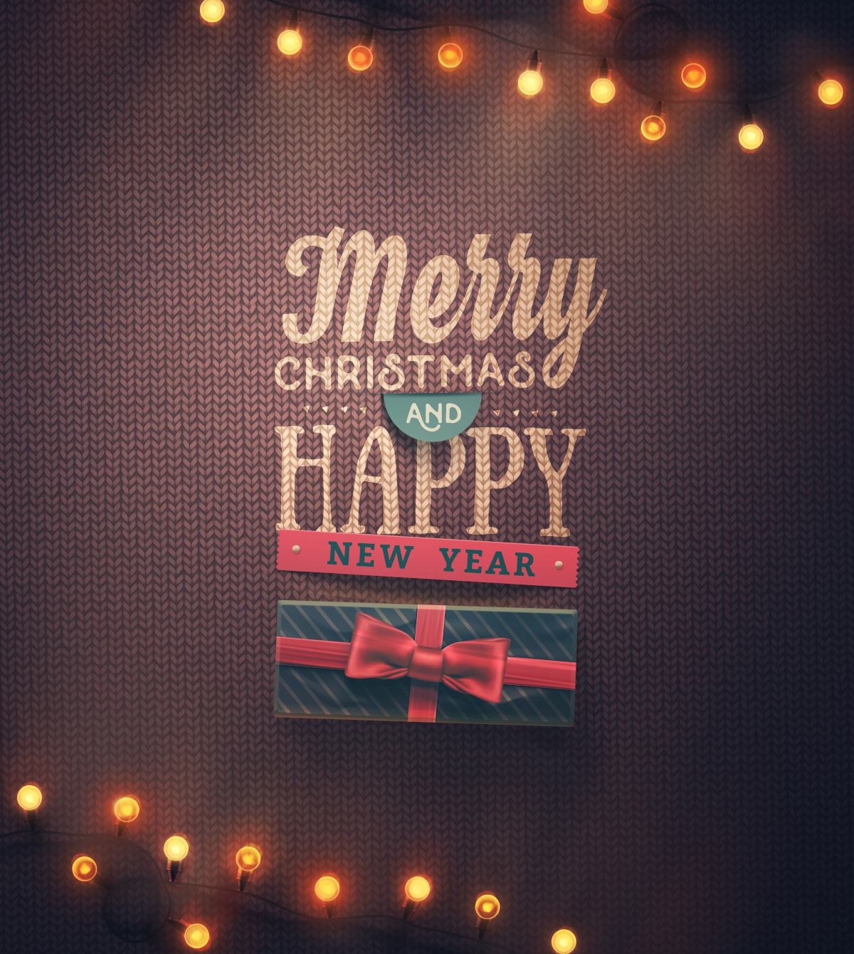 'Merry Christmas and Happy New Year' with Present on Knit Background Illustration