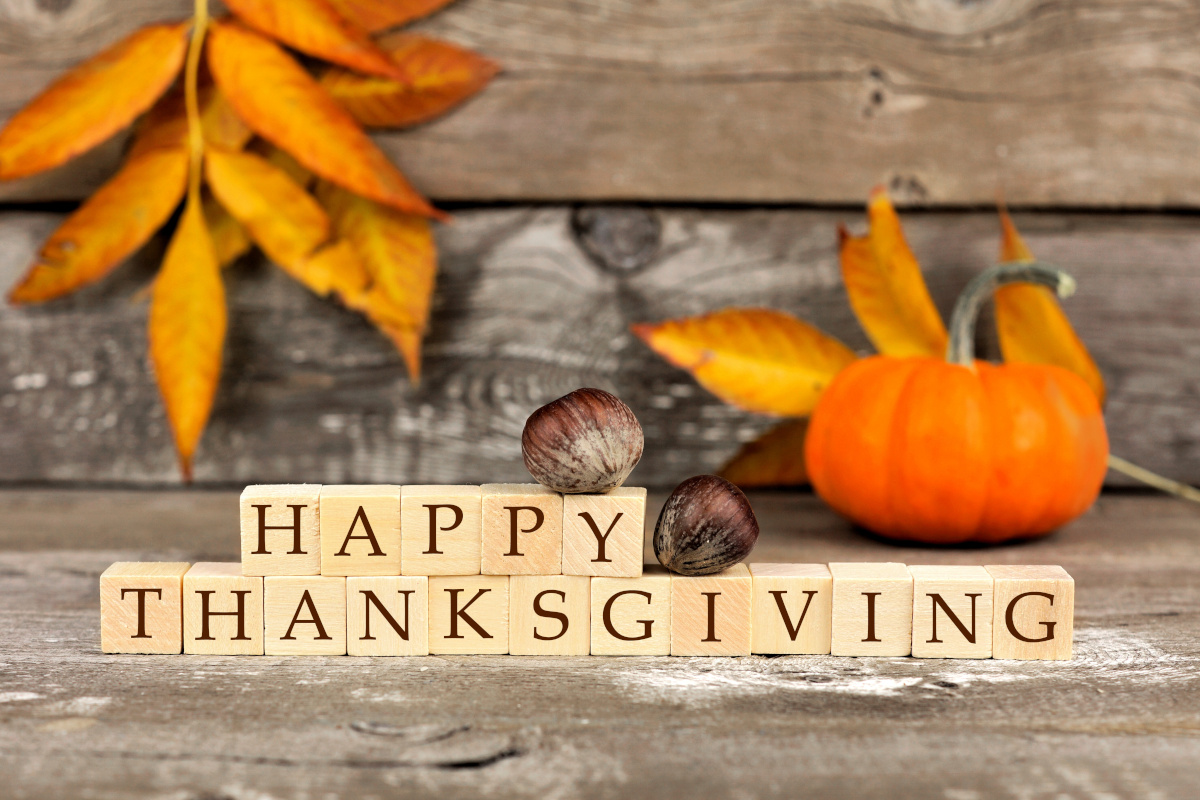 'Happy Thanksgiving' Spelled Out on Wooden Blocks with Chestnuts, Fall Leaves, and Pumpkin in Background